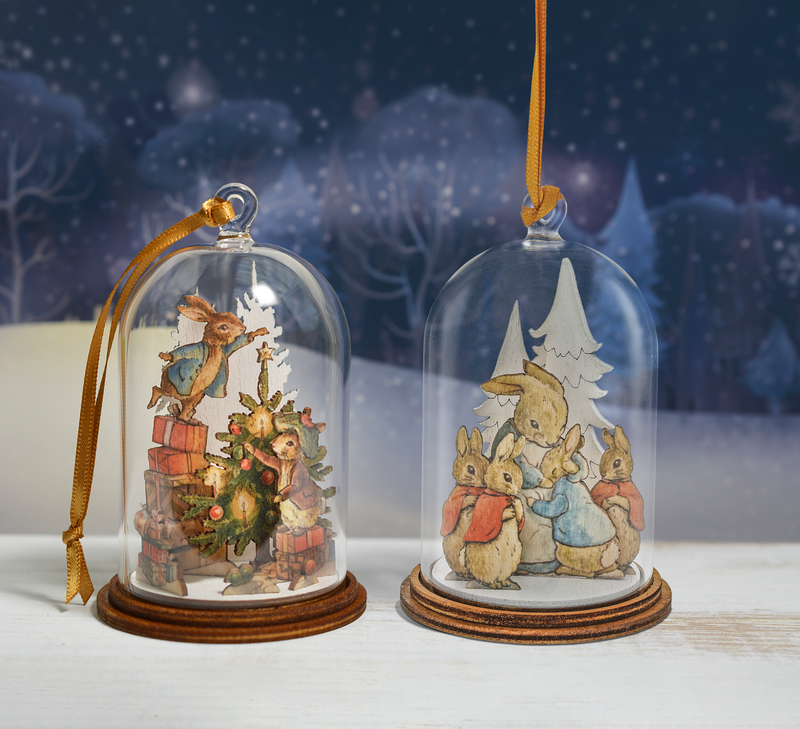 Peter Rabbit and Benjamin Bunny Around The Christmas Tree Wooden Hanging Cloche Ornament