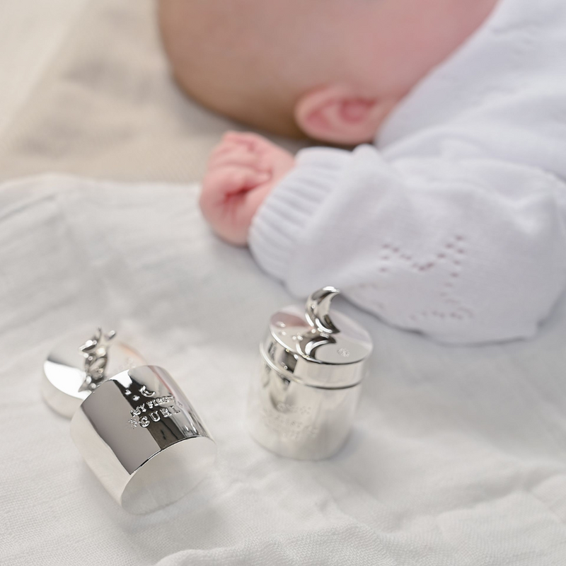 Bambino Silver Plated Barrel Shaped Star & Moon Tooth & Curl Set with Luxury Packaging