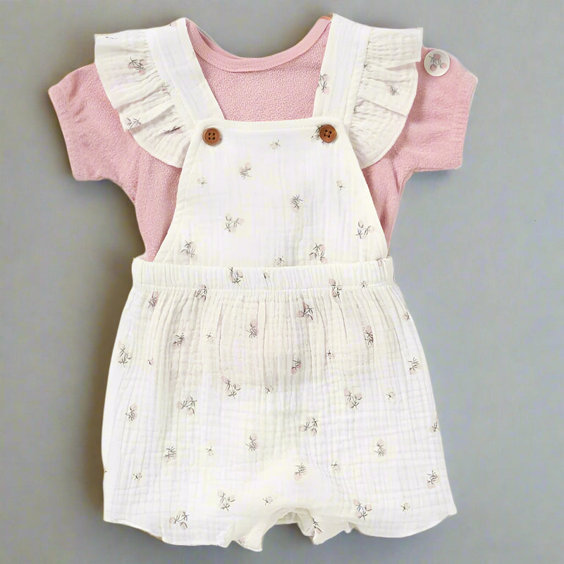 Baby Girls Pink & Cream Floral Muslin Dungaree & Towelling T-Shirt Outfit (0-12M)