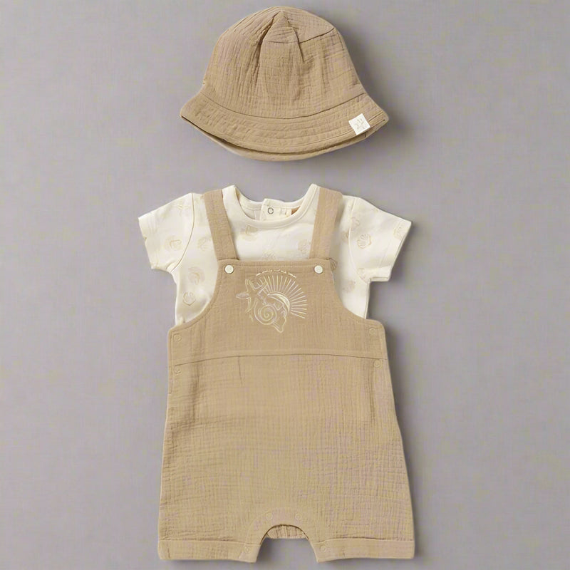 Baby Unisex Ocean-Themed Organic Woven Dungaree, T-Shirt & Reversible Bucket Hat Outfit (0-12M)