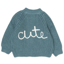 'Cute' Dusty Teal Cotton Knit Baby Cardigan with Embroidery Detail - 0-12M