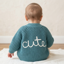 'Cute' Dusty Teal Cotton Knit Baby Cardigan with Embroidery Detail - 0-12M