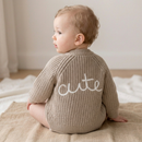'Cute' Soft Oatmeal Cotton Knit Baby Cardigan with Embroidery Detail - 0-12M