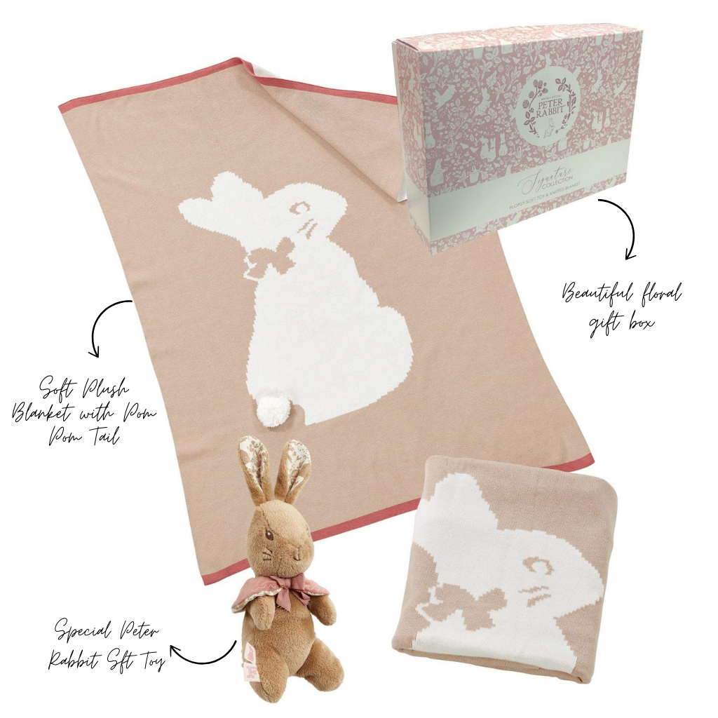 Flopsy Bunny Signature Knitted Blanket with Soft Toy and Luxury Gift B