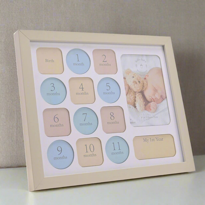 Baby milestone frame with photos and text for each month up to 'My 1st Year'.