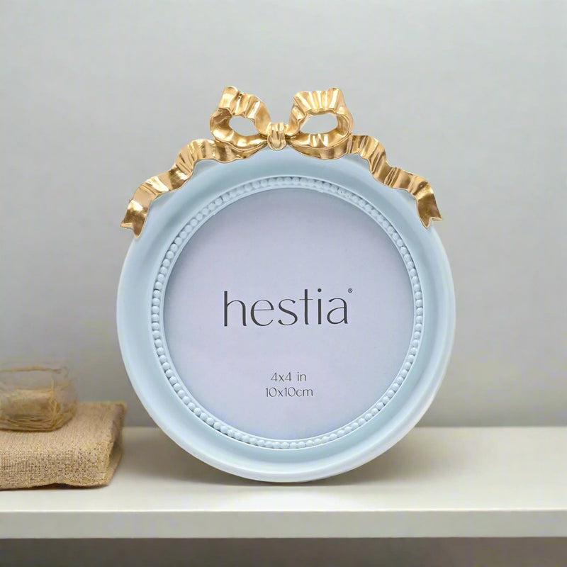 Hestia Soft Blue Round Photo Frame With a Gold Bow - 4" x 4"