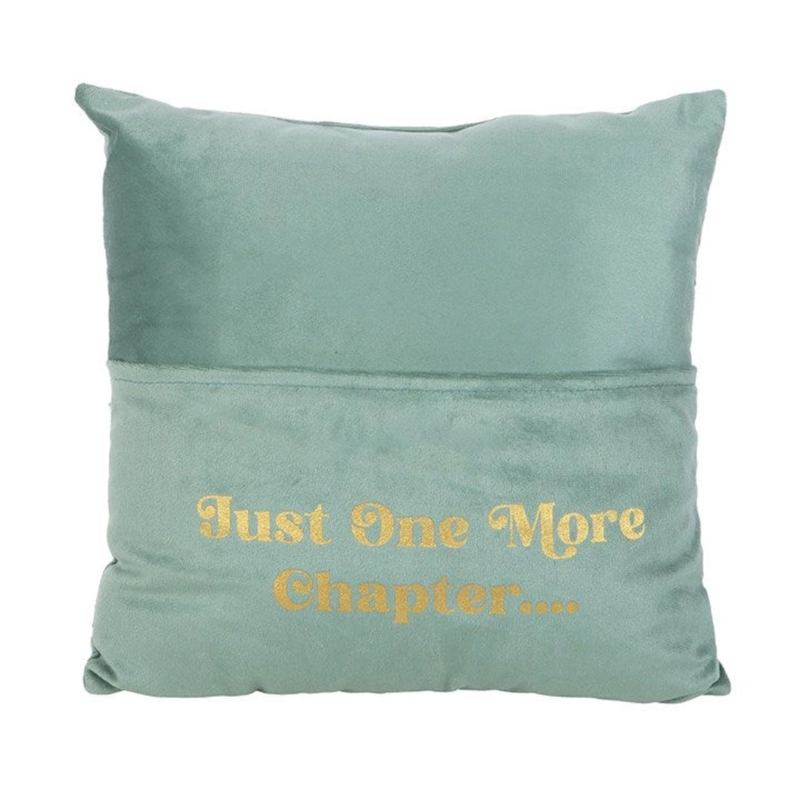 'Just One More Chapter' Pale Green Cushion with Book Storage Pocket - 35cm