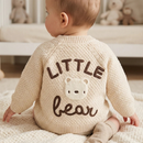'Little Bear' Cream Cotton Knit Baby Cardigan with Embroidery Detail - 0-12M