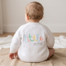 'Little One' White Cotton Knit Baby Cardigan with Embroidery Detail - 0-12M