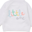 'Little One' White Cotton Knit Baby Cardigan with Embroidery Detail - 0-12M