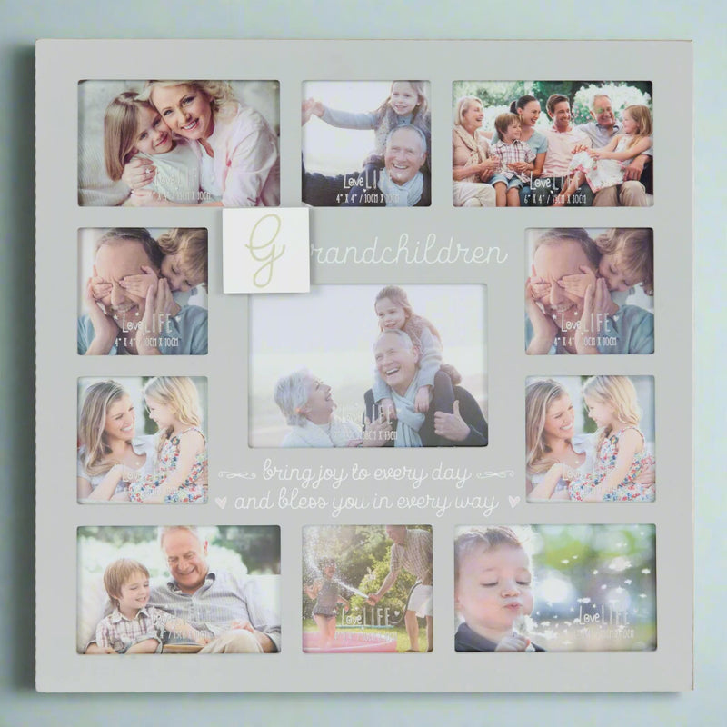 Decorative photo collage frame with family photos and text