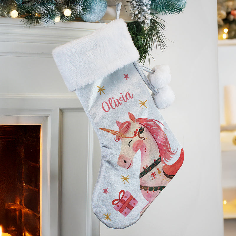Personalised Unicorn Luxury Pom Pom Christmas Stocking