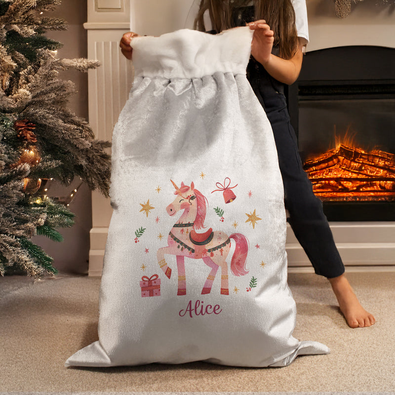 Personalised Christmas Unicorn Luxury Pom Pom Sack