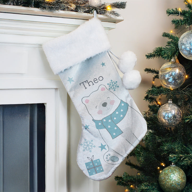 Personalised Polar Bear Luxury Pom Pom Christmas Stocking