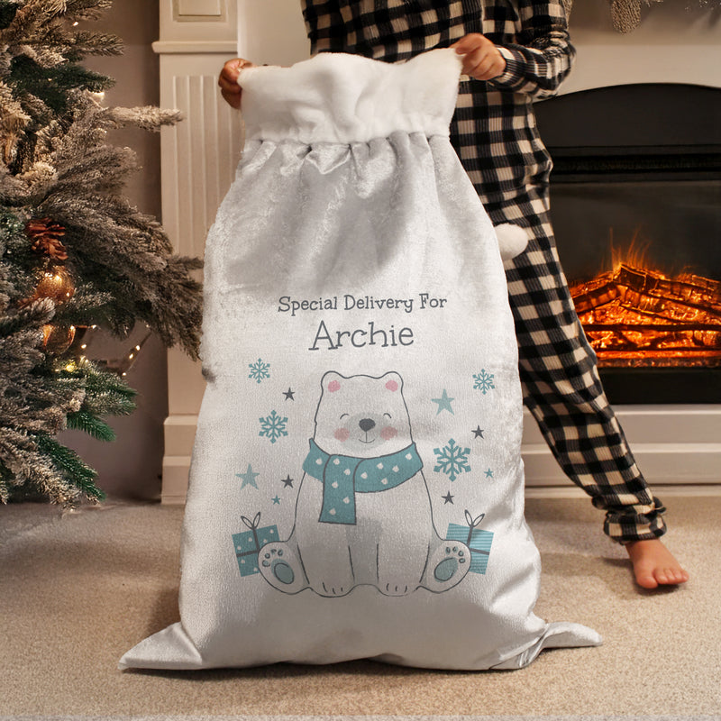 Personalised Polar Bear Luxury Pom Pom Christmas Sack