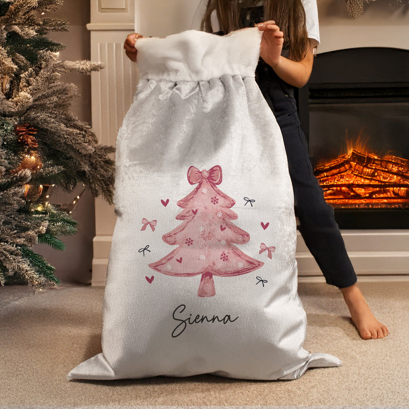 Personalised Pink Christmas Tree Luxury Pom Pom Sack