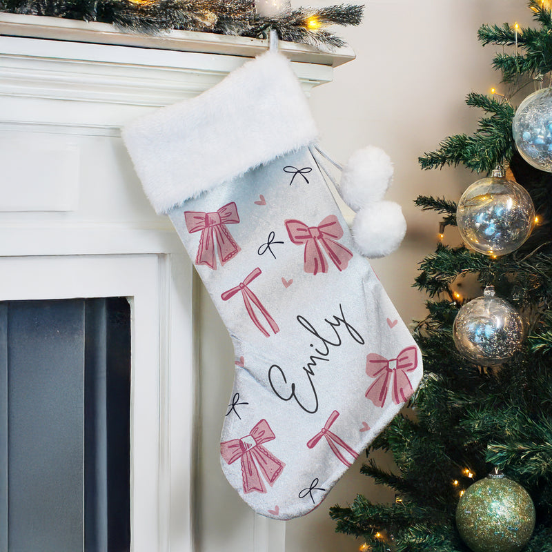 Personalised Pink Bow Luxury Pom Pom Christmas Stocking