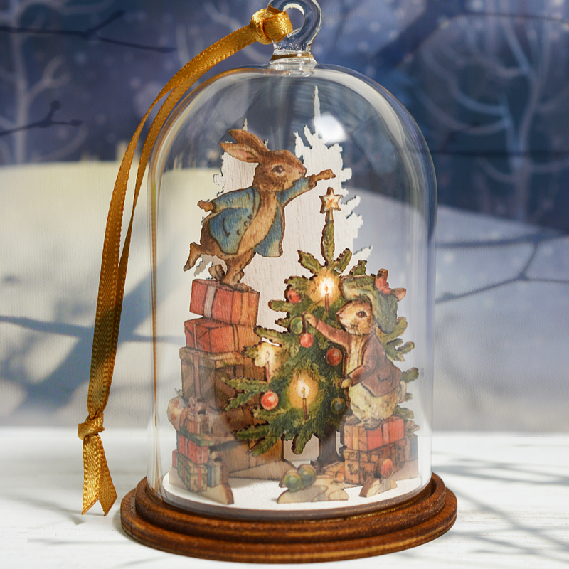 Peter Rabbit and Benjamin Bunny Around The Christmas Tree Wooden Hanging Cloche Ornament