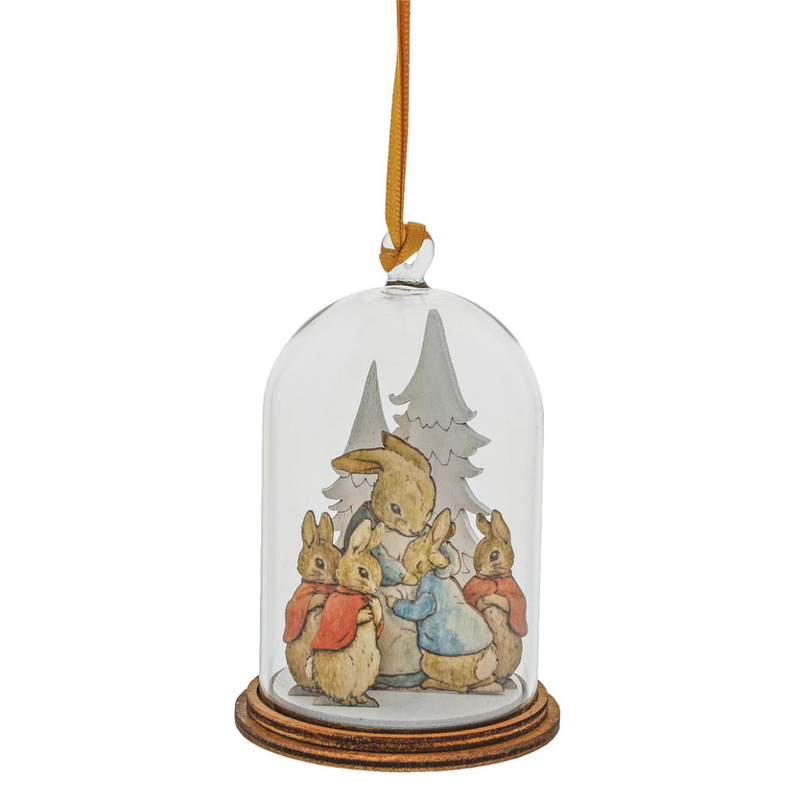 Peter Rabbit and Family at Christmas Wooden Hanging Cloche Ornament