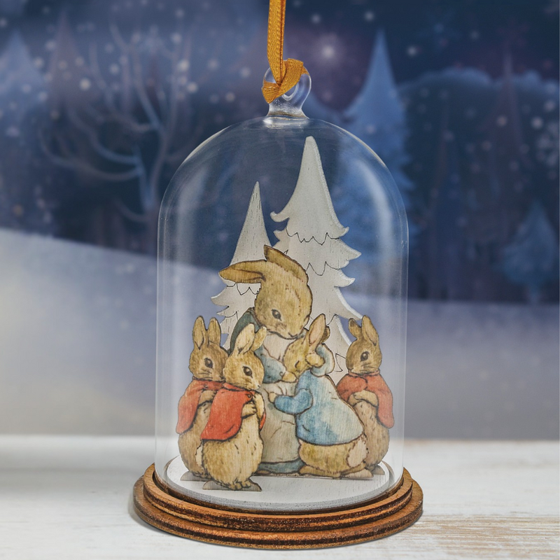 Peter Rabbit and Family at Christmas Wooden Hanging Cloche Ornament