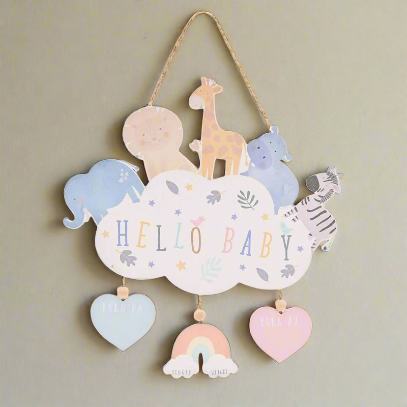 Decorative cloud with animals and 'Hello Baby' text on a white background