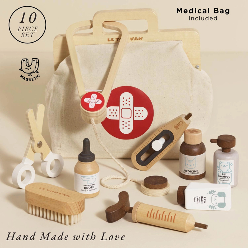 Vintage Style Walnut Finish Wooden Vet Set – 10 Piece Animal Care Kit