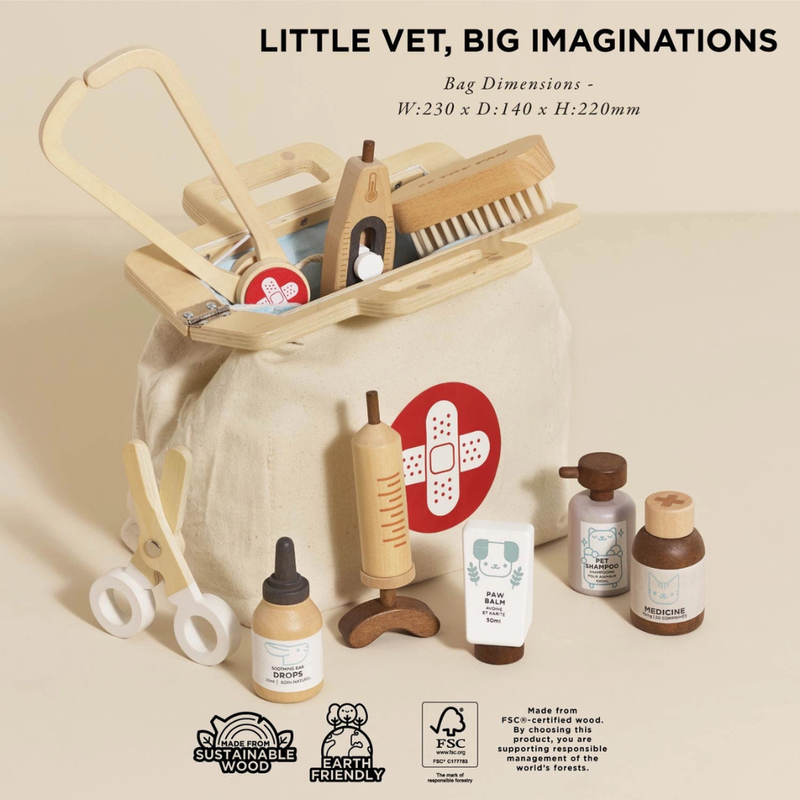 Vintage Style Walnut Finish Wooden Vet Set – 10 Piece Animal Care Kit