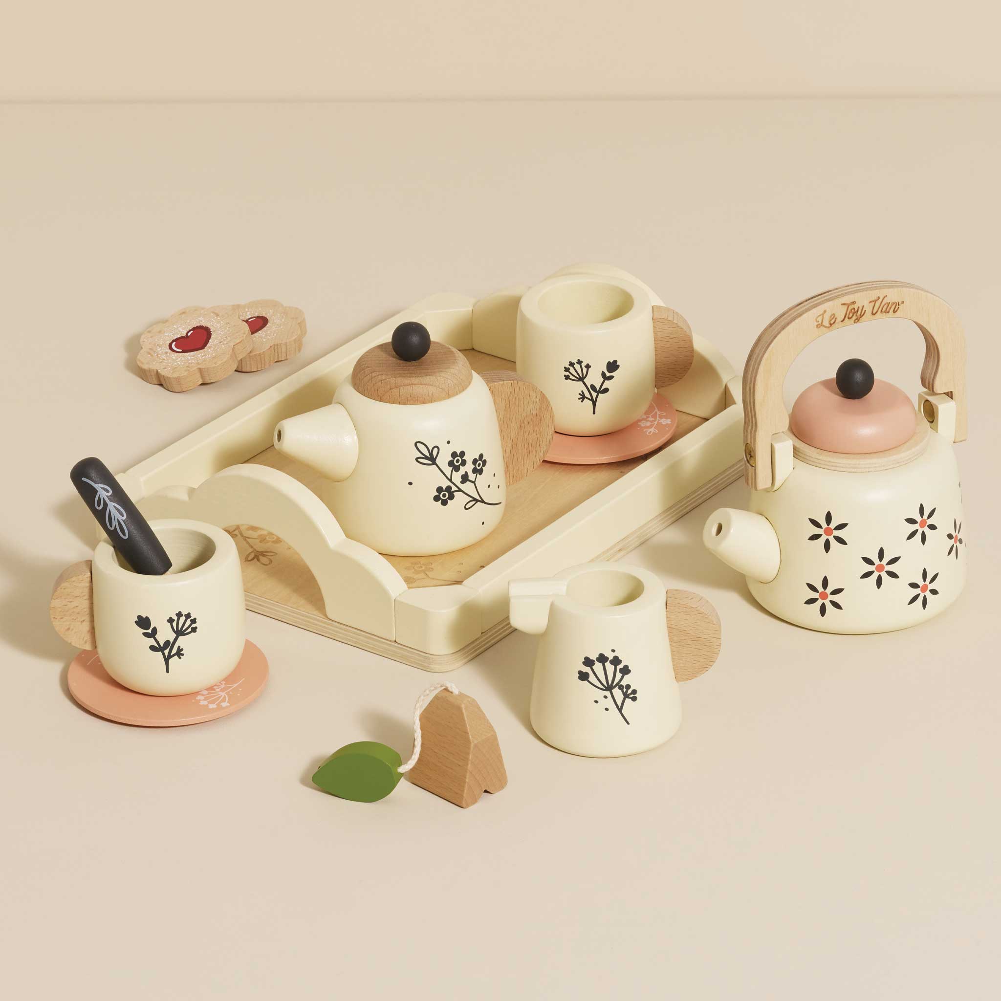 Vintage Style Wooden Tea Set & Tray – 12 Piece Floral Play Kitchen Tea